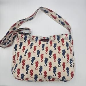 Bungalow 360 Ivory Blue Red Seahorse Canvas Messenger Tote Bag Coastal Quirky